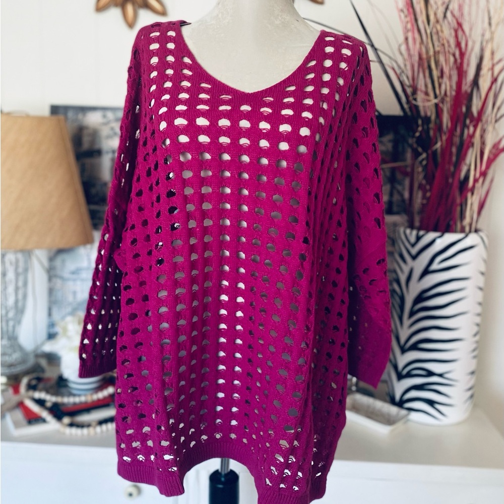 WynneLayers Magenta Pink Open Knit 100% Cotton Sweater 3/4 Sleeve Women's XL NIB
